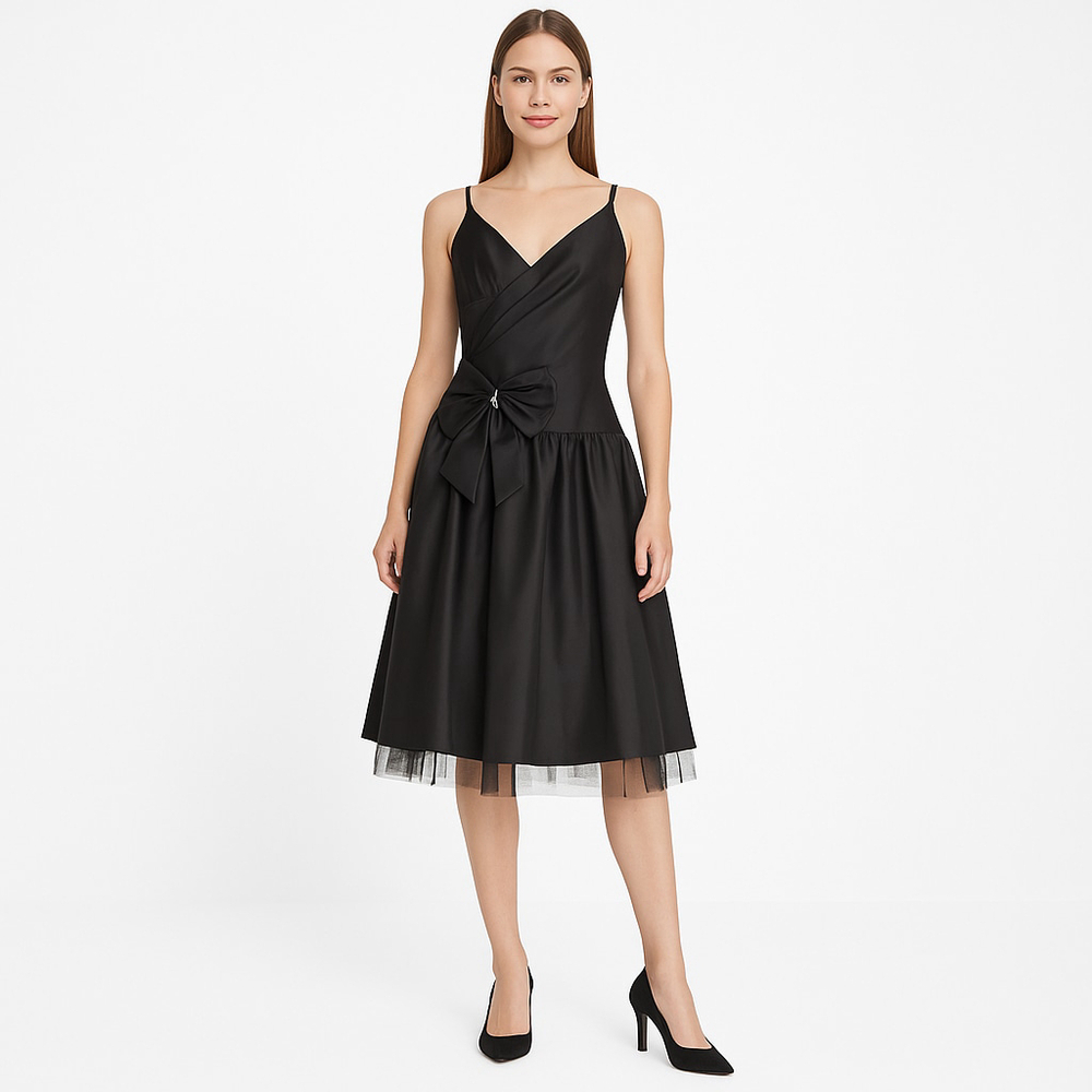 Vintage BCBG Paris Black Cocktail Dress Tulle Underskirt & Bow Rhinestone Detail